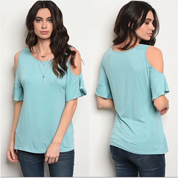 Chic Turquoise Cold Shoulder Ruffle Tee Small - Picture 4 of 6